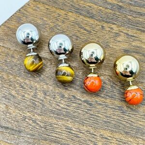 2 pairs of double ball stud earrings tigers eye stone and coral red dyed howlite